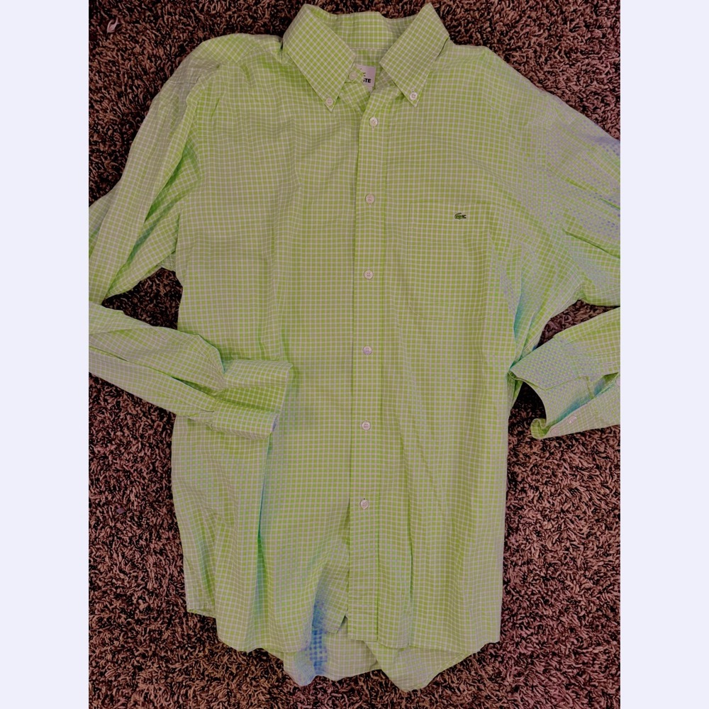 Lacoste Mens Gingham Check Button Down Shirt Green White Size 42 Long Sleeve